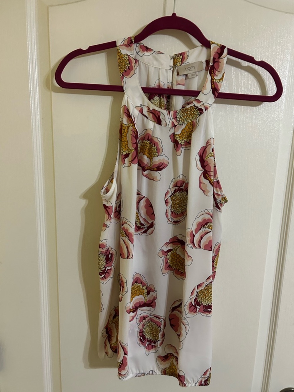 LOFT White Halter Dress with Pink and Gold Floral Print Large